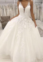 Chic A-Line/Princess V-Neck Sleeveless Long Tulle Wedding Dress with Stunning Appliqued Details BM bride