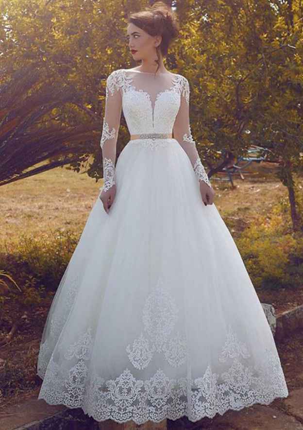Elegant A-Line/Princess Bateau Full Long Sleeve Long Floor-Length Tulle Wedding Dress with Appliqued Waistband BM bride