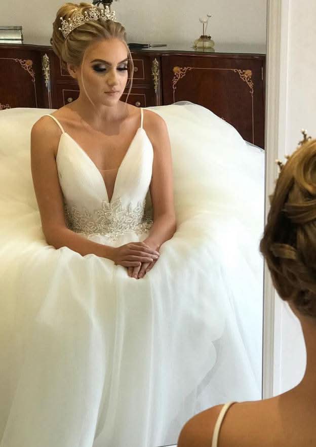 Beautiful Ball Gown: V-Neck Sleeveless Long Floor-Length Tulle with Appliqued Details BM bride