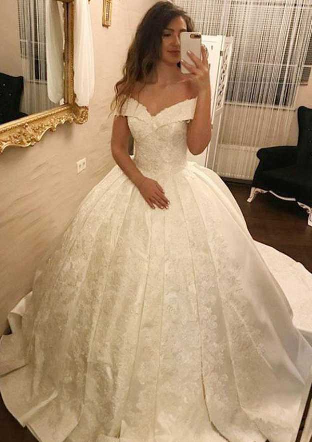 Charming Ball Gown Off-the-Shoulder Sleeveless Court Train Satin Wedding Dress with Appliqued Lace and Pleated Detailing BM bride