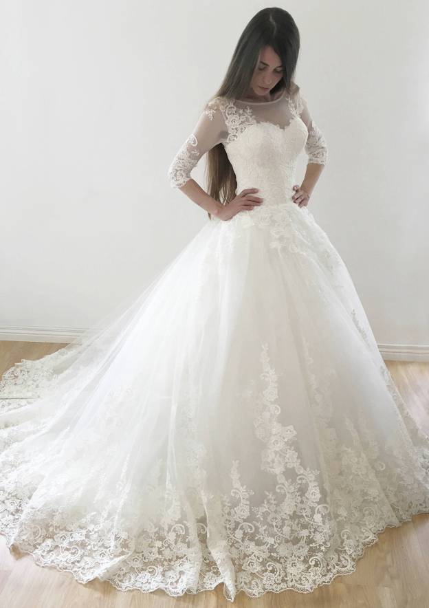 Sophisticated Ball Gown Bateau Half Sleeve Court Train Tulle Wedding Dress with Appliqued Lace Details BM bride