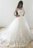 Sophisticated Ball Gown Bateau Half Sleeve Court Train Tulle Wedding Dress with Applique Lace Details BM bride