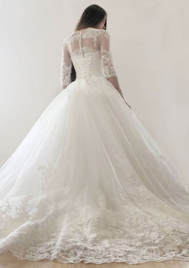 Sophisticated Ball Gown Bateau Half Sleeve Court Train Tulle Wedding Dress with Applique Lace Details BM bride
