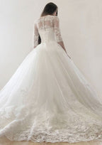 Sophisticated Ball Gown Bateau Half Sleeve Court Train Tulle Wedding Dress with Applique Lace Details BM bride