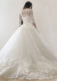 Sophisticated Ball Gown Bateau Half Sleeve Court Train Tulle Wedding Dress with Applique Lace Details BM bride