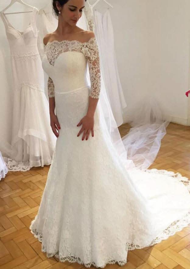 Sheath/Column Off-the-Shoulder with 3/4 Sleeves and Court Train in Lace BM bride