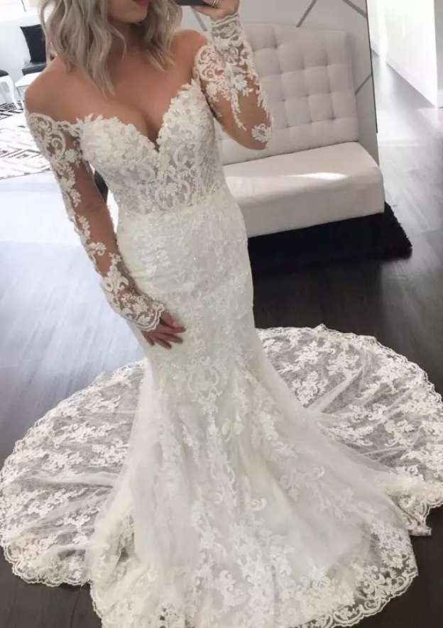 Appliqued Trumpet/Mermaid Off-the-Shoulder Wedding Dress with Full Long Sleeves and Chapel Train in Lace BM bride