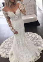 Appliqued Trumpet/Mermaid Off-the-Shoulder Wedding Dress with Full Long Sleeves and Chapel Train in Lace BM bride