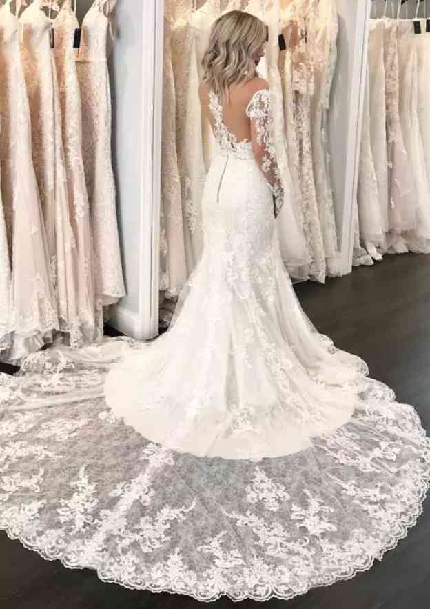 Appliqued Trumpet/Mermaid Off-the-Shoulder Wedding Dress with Full Long Sleeves and Chapel Train in Lace BM bride