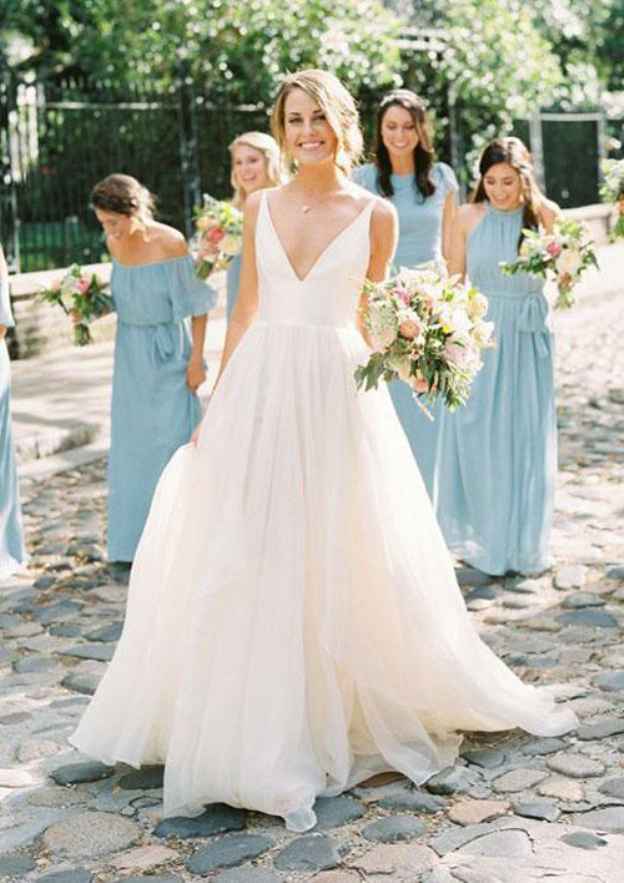 Chiffon A-Line/Princess V-Neck Sleeveless Wedding Dress with Sweep Train BM bride