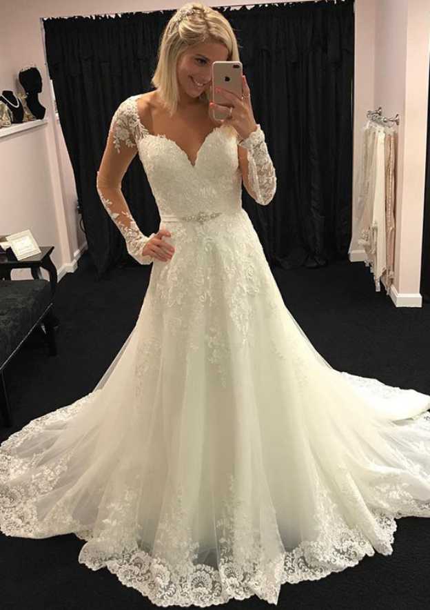 Stylish A-Line/Princess Scalloped Neck Full Long Sleeve Court Train Tulle Wedding Dress with Appliqued Lace Waistband BM bride