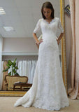 Lace Appliqued Sheath/Column with Scalloped Neckline, Half Sleeves, and Sweep Train BM bride