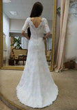 Lace Appliqued Sheath/Column with Scalloped Neckline, Half Sleeves, and Sweep Train BM bride