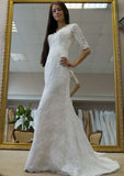 Lace Appliqued Sheath/Column with Scalloped Neckline, Half Sleeves, and Sweep Train BM bride