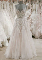 Appliqued A-Line/Princess Sweetheart Sleeveless Wedding Dress with Sweep Train in Tulle BM bride