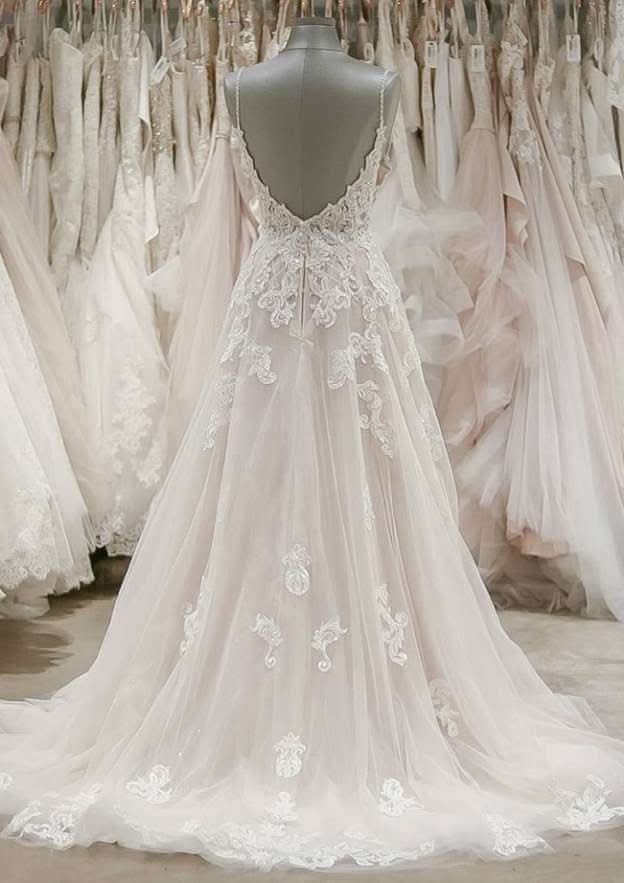 Appliqued A-Line/Princess Sweetheart Sleeveless Wedding Dress with Sweep Train in Tulle BM bride