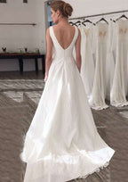 Lace A-Line/Princess Bateau Wedding Dress with Sleeveless Design and Sweep Train BM bride