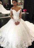 Appliqued Full/Long Sleeve Off-The-Shoulder Ball Gown Wedding Dress with Long Tulle Skirt BM bride