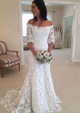 Sheath/Column Off-the-Shoulder Half Sleeve Wedding Dress with Sweep Train in Lace BM bride