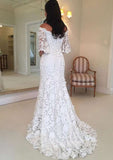 Sheath/Column Off-the-Shoulder Half Sleeve Wedding Dress with Sweep Train in Lace BM bride