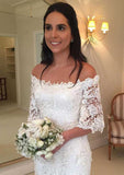 Sheath/Column Off-the-Shoulder Half Sleeve Wedding Dress with Sweep Train in Lace BM bride