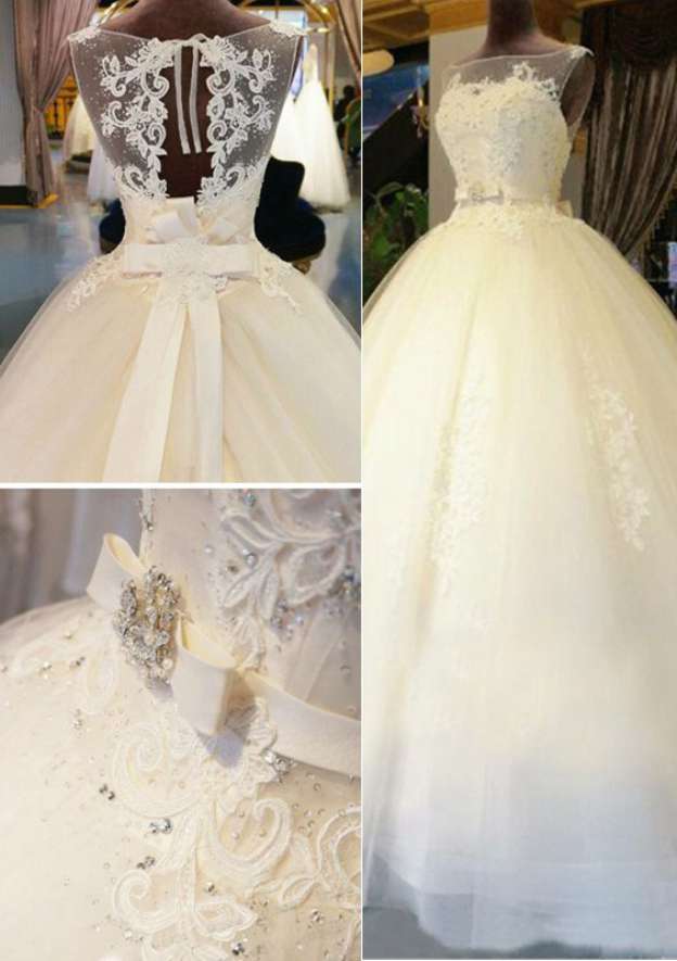 Waistband Appliqued Ball Gown with Bateau Neckline and Sleeveless Design, Long Floor-Length Tulle BM bride