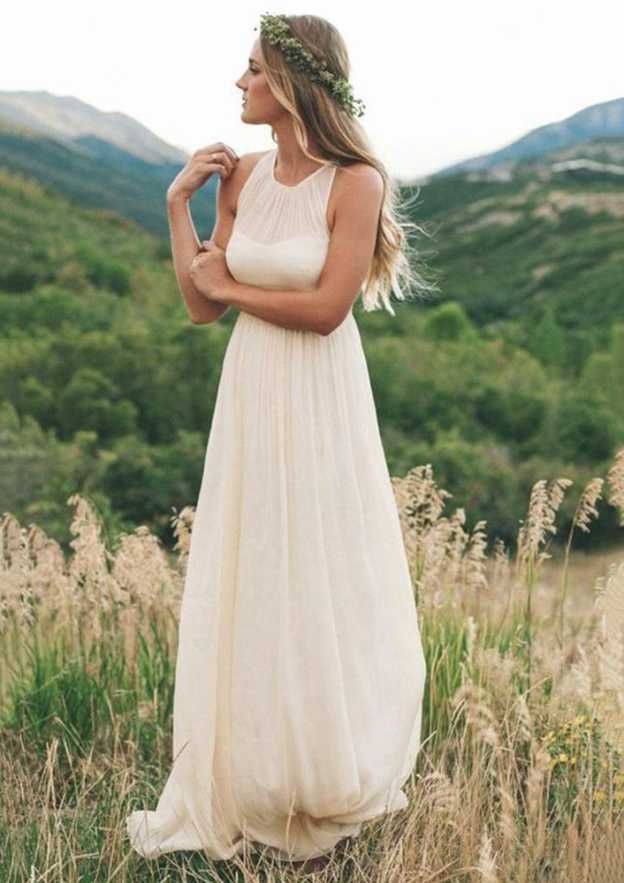Elegant A-Line/Princess Scoop Neck Sleeveless Long/Floor-Length Chiffon Wedding Dress with Pleated Detailing BM bride