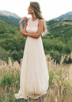 Elegant A-Line/Princess Scoop Neck Sleeveless Long/Floor-Length Chiffon Wedding Dress with Pleated Detailing BM bride