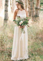 Elegant A-Line/Princess Scoop Neck Sleeveless Long/Floor-Length Chiffon Wedding Dress with Pleated Detailing BM bride