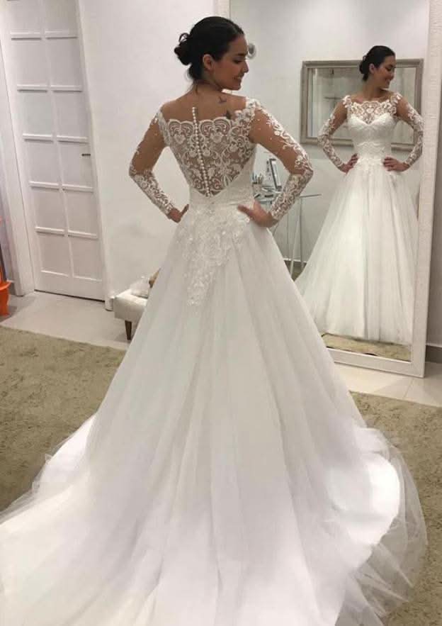 Lace Appliqued A-Line/Princess with Scalloped Neckline, Full Long Sleeves, and Court Train in Tulle BM bride