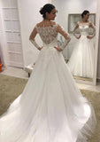Lace Appliqued A-Line/Princess with Scalloped Neckline, Full Long Sleeves, and Court Train in Tulle BM bride