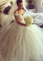 Appliqued Ball Gown with Off-the-Shoulder Sleeveless Design and Chapel Train BM bride