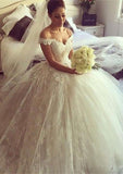 Appliqued Ball Gown with Off-the-Shoulder Sleeveless Design and Chapel Train BM bride