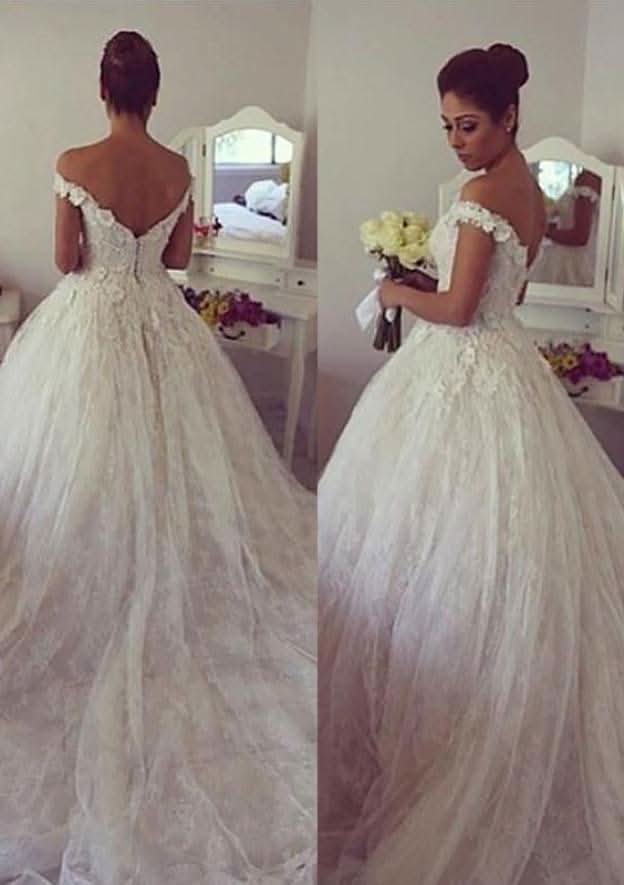 Appliqued Ball Gown with Off-the-Shoulder Sleeveless Design and Chapel Train BM bride