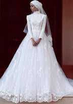 Elegant A-Line/Princess High-Neck Full-Length Sleeve Chapel Train Lace Wedding Dress with Appliqued Details BM bride