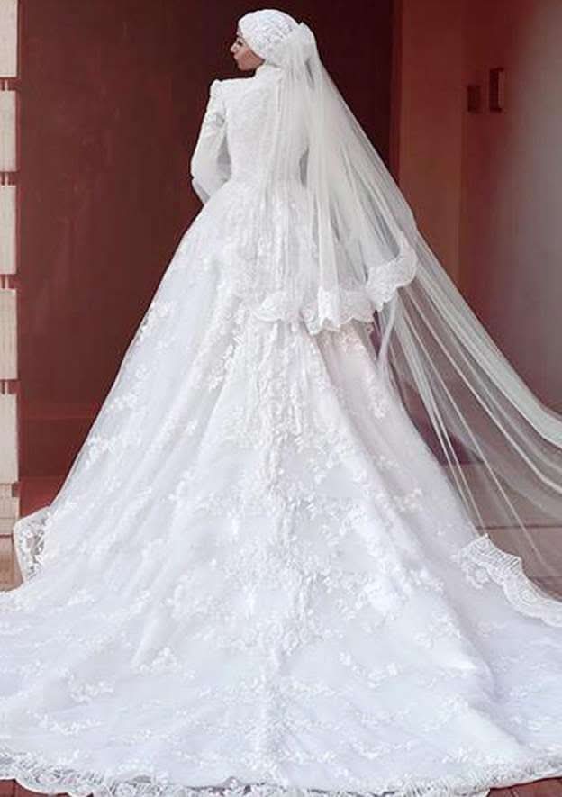 Elegant A-Line/Princess High-Neck Full-Length Sleeve Chapel Train Lace Wedding Dress with Appliqued Details BM bride