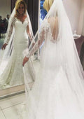 Appliqued Lace Sheath/Column with Scalloped Neckline, Full Long Sleeves, and Court Train BM bride
