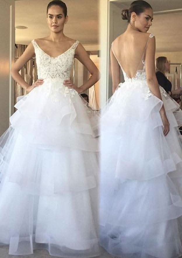 Lace Ruffles A-Line/Princess Wedding Dress with Scoop Neckline and Sleeveless Design, Long Floor-Length Tulle BM bride
