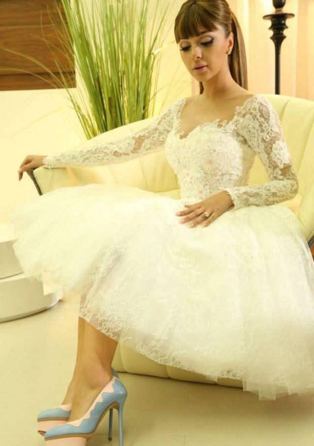 Sophisticated Ball Gown: Scalloped Neck Full Long Sleeve Knee-Length Lace with Applique Details BM bride