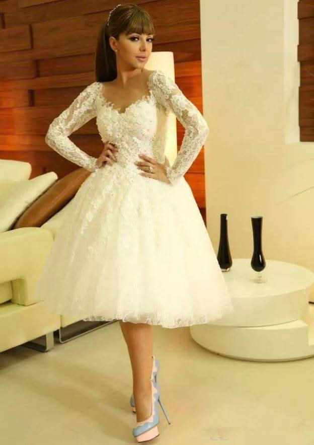 Sophisticated Ball Gown: Scalloped Neck Full Long Sleeve Knee-Length Lace with Applique Details BM bride