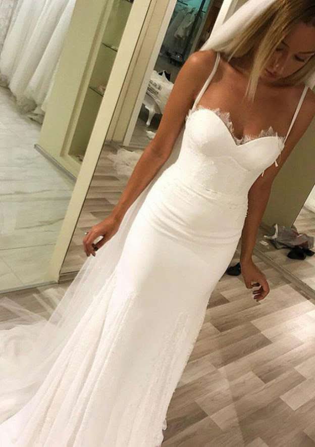 Sophisticated Sheath/Column Sleeveless Sweetheart Wedding Dress with Sweep Train BM bride