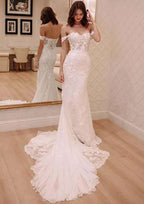 Classic Sheath/Column Off-the-Shoulder Sleeveless Chapel Train Chiffon Wedding Dress with Lace Details BM bride