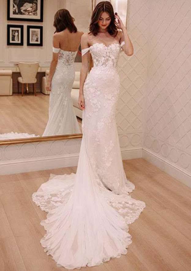 Classic Sheath/Column Off-the-Shoulder Sleeveless Chapel Train Chiffon Wedding Dress with Lace Details BM bride