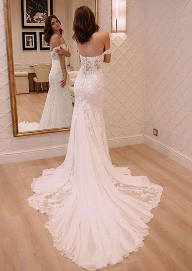 Classic Sheath/Column Off-the-Shoulder Sleeveless Chapel Train Chiffon Wedding Dress with Lace Details BM bride