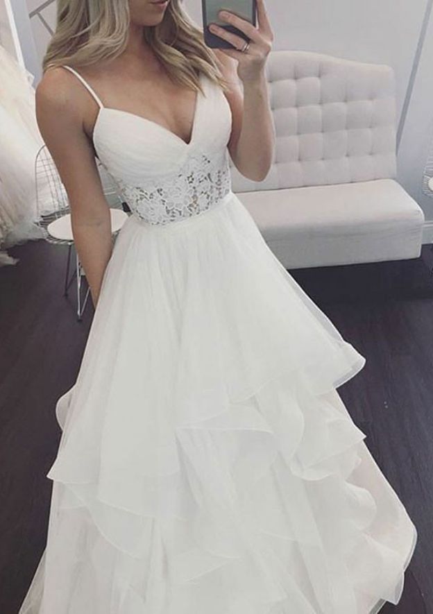 Lace Ruffles A-Line/Princess V-Neck Sleeveless Wedding Dress with Long Floor-Length Tulle BM bride
