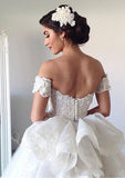 Appliqued Lace Ball Gown with Off-the-Shoulder Short Sleeves and Long Floor-Length Tulle BM bride