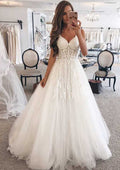 Beautiful A-Line/Princess Sweetheart Sleeveless Long/Floor-Length Tulle Wedding Dress with Appliqued Details BM bride