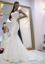 Hem Appliqued Beaded Trumpet/Mermaid Wedding Dress with Sweetheart Neckline and Sleeveless Design, Court Train in Lace BM bride
