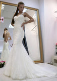 Hem Appliqued Beaded Trumpet/Mermaid Wedding Dress with Sweetheart Neckline and Sleeveless Design, Court Train in Lace BM bride