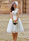 Beautiful High-Neck A-Line Tulle Wedding Dress with Lace Details and Knee-Length Skirt BM bride